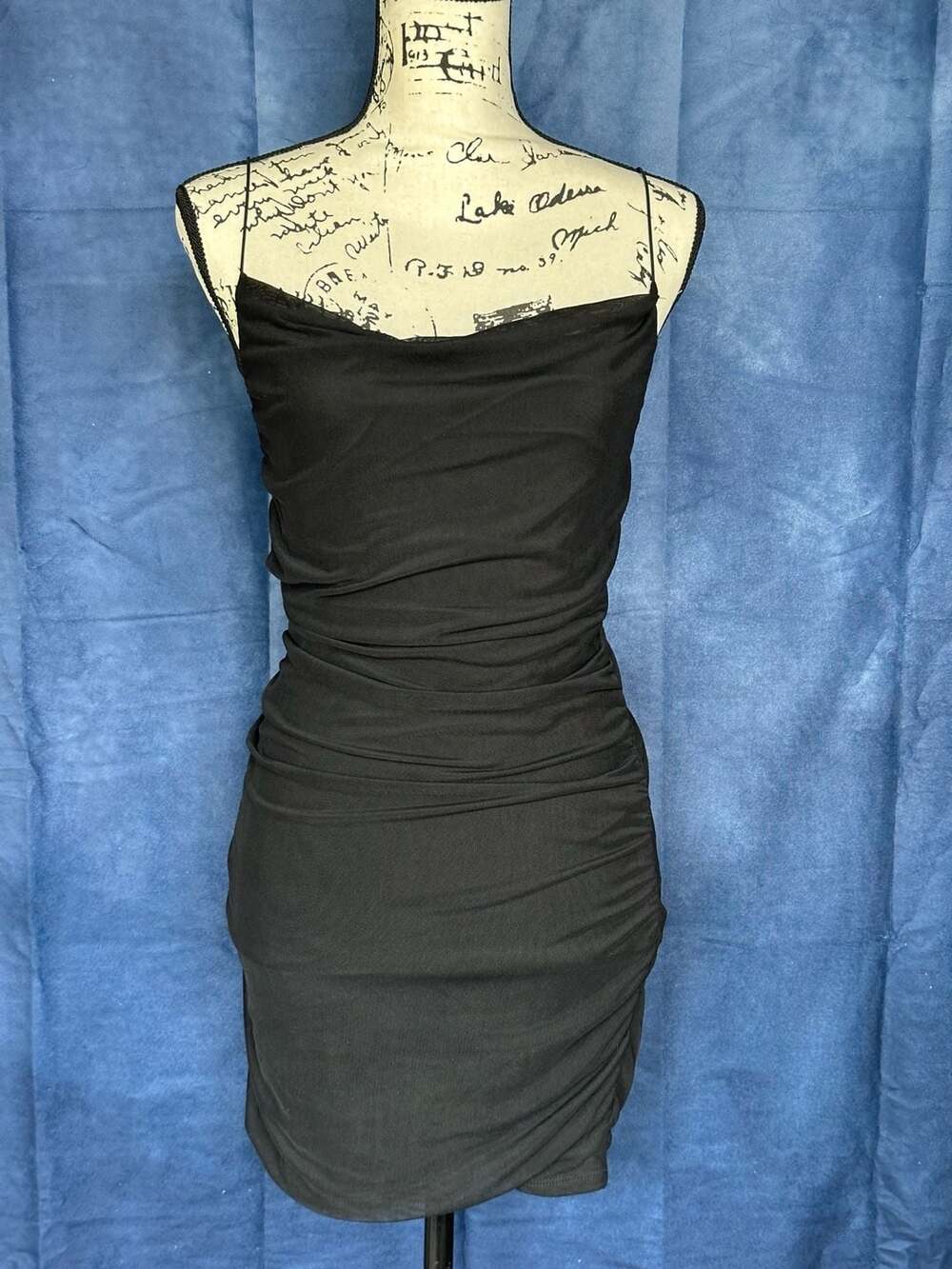 Wild Fable Black Sleeveless Ruched Cowl Neck Mini Bodycon Dress